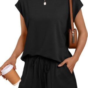 LILLUSORY Womens Crew Neck Cap Sleeve Drawstring Two Piece Summer short Sets Sweatsuit with Pocket