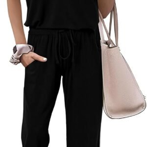 MASCOMODA Womens 2 Piece Outfits Summer Casual V Neck Short Sleeve Tops Long Pants Tracksuit Lounge Jogger Set with Pockets