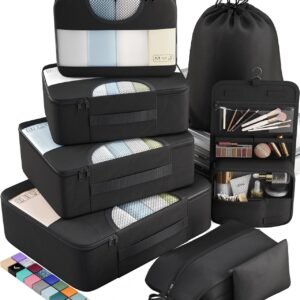 Veken 8 Set Packing Cubes for Travel Essentials, Suitcase Organizer Bags Set for Luggage, Road Trip Travel Accessories in 4 Sizes (Extra Large, Large, Medium, Small), Black