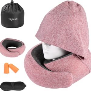 Travel Pillow with Hoodie - Memory Foam Neck Pillow for Airplane, Office, Car, Long Flights, Road Trips, Includes Eye Mask & Earplugs, Red